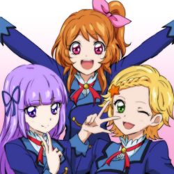 Rule 34 | 10s, 3girls, :d, ;d, aikatsu!, aikatsu! (series), arms up, blazer, blonde hair, blunt bangs, blush, bow, brown hair, eyelashes, gradient background, green eyes, hair ornament, hair ribbon, happy, hikami sumire, jacket, long hair, looking at viewer, multiple girls, one eye closed, one side up, ozora akari, open mouth, outstretched arms, pink background, pink bow, pink eyes, ponytail, purple eyes, purple hair, ribbon, round teeth, school uniform, shinjo hinaki, side ponytail, smile, standing, teeth, tsukikage oyama, v, white background