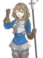 Rule 34 | 1girl, arm up, armor, blue eyes, brown gloves, brown hair, chainmail, chloe (unicorn overlord), commentary request, gloves, grey pants, highres, holding, holding polearm, holding weapon, looking at viewer, medium hair, one eye closed, pants, polearm, simple background, solo, spear, standing, tea6043, unicorn overlord, weapon, white background