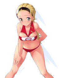 Rule 34 | 1girl, adapted costume, arm behind back, beach volleyball, black hairband, blonde hair, blush, breasts, brown eyes, buruma, closed mouth, commentary, crop top, dated, girls und panzer, gluteal fold, hair pulled back, hairband, hand on thigh, highres, kuzuryuu kennosuke, large breasts, leaning forward, legs, long hair, looking at viewer, navel, one-hour drawing challenge, ponytail, red buruma, red shirt, sasaki akebi, shirt, simple background, sleeveless, sleeveless shirt, smile, solo, sports bikini, sportswear, standing, twitter username, volleyball uniform, white background