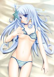 Rule 34 | 1girl, 77, absurdres, beach, bikini, blue eyes, blue hair, blush, breasts, cameltoe, chestnut mouth, collarbone, covering one breast, covering privates, cowboy shot, crotch, earrings, groin, hair ornament, hairclip, halo, highres, huge filesize, jewelry, kuu (77), long hair, looking at viewer, lying, matching hair/eyes, navel, nipples, on back, on ground, open mouth, outdoors, sand, silver hair, skindentation, solo, star (symbol), star earrings, star hair ornament, string bikini, striped bikini, striped clothes, swimsuit, tenmaso, thigh gap, underboob, undressing, untied bikini, very long hair, whirlpool