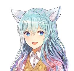 Rule 34 | 1girl, :d, animal ears, blue eyes, blue hair, blush, dress shirt, hair between eyes, kim eb, long hair, looking at viewer, open mouth, original, portrait, shirt, simple background, smile, solo, sweater vest, white shirt