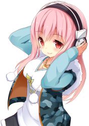 Rule 34 | 1girl, blush, breasts, cleavage, female focus, headphones, hood, hoodie, large breasts, long hair, looking at viewer, nitroplus, pink hair, pom pom (clothes), red eyes, shuuichi (gothics), sleeveless, sleeveless hoodie, smile, solo, super sonico