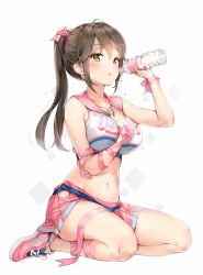 Rule 34 | 1girl, anmi, arm between breasts, between breasts, blush, bottle, breasts, brown eyes, brown hair, cheerleader, crop top, full body, hand on own chest, highres, large breasts, midriff, mole, mole under mouth, navel, original, pleated skirt, ponytail, ribbon, sailor collar, sailor shirt, shirt, shoes, simple background, sitting, skirt, sneakers, solo, sweat, water bottle, white background, wrist ribbon