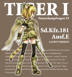 Rule 34 | 1girl, acea4, animal ears, armor, bad id, bad pixiv id, boots, cape, english text, gloves, mecha musume, military, military vehicle, motor vehicle, personification, solo, tank, thighhighs, tiger i, vehicle, wehrmacht, world war ii