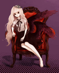 Rule 34 | 1girl, armchair, bare legs, barefoot, blonde hair, chair, checkered background, clona, commentary request, feathered wings, full body, long hair, looking at viewer, magenta background, necktie, original, puffy sleeves, purple background, short sleeves, sitting, skirt, solo, tiara, very long hair, wings