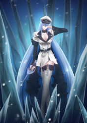 Rule 34 | 10s, 1girl, akame ga kill!, aqua hair, blue eyes, blue hair, boots, breasts, choker, cleavage, collarbone, esdeath, hat, highres, ice, ice wings, large breasts, long hair, looking at viewer, matching hair/eyes, military, military uniform, peaked cap, rapier, skirt, smile, snow, solo, standing, sword, thigh boots, thighhighs, thighs, uniform, very long hair, weapon, white footwear, white thighhighs, wings, zettai ryouiki