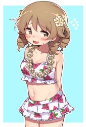 Rule 34 | 1girl, @ @, arms behind back, bad id, bad twitter id, bikini, bikini skirt, blush, breasts, brown hair, cleavage, floral print, flower, flower necklace, flying sweatdrops, hair between eyes, hair flower, hair ornament, idolmaster, idolmaster cinderella girls, jewelry, korean commentary, lei, medium hair, mg pong, morikubo nono, necklace, open mouth, ringlets, simple background, solo, sweat, swimsuit, two-tone background, yellow flower