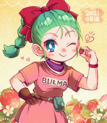 Rule 34 | +++, 1girl, 2021, belt, blue eyes, border, braid, braided ponytail, breasts, brown belt, brown gloves, bulma, character name, closed mouth, clothes writing, dated, dragon ball, dragon ball (classic), dress, eyelashes, fanny pack, flower, food, food-themed background, fruit, gloves, green hair, hair ribbon, hair strand, hair tie, hand on own hip, heart, heart in eye, holding, holding food, holding fruit, leaning to the side, light blush, looking at viewer, neck warmer, one eye closed, orange background, pink dress, polka dot, polka dot border, purple neckwear, purple scarf, red ribbon, ribbon, scarf, short dress, short sleeves, simple background, single glove, small breasts, smile, smiley face, solo, strawberry, strawberry background, symbol in eye, upper body, vespa (kaiten69), white flower