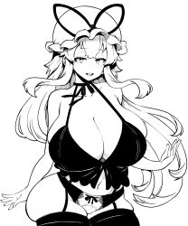 Rule 34 | 1girl, absurdres, breasts, cleavage, commentary request, cowboy shot, curvy, garter straps, groin, hat, hat ribbon, high contrast, highres, himajin noizu, huge breasts, long hair, looking at viewer, mob cap, monochrome, navel, panties, parted lips, ribbon, sidelocks, skindentation, solo, thighhighs, touhou, underwear, yakumo yukari