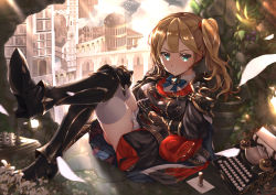 Rule 34 | 1girl, absurdres, armor, armored boots, armored dress, blonde hair, boots, breasts, cape, castle, chrisha (king&#039;s raid), dress, envelope, gloves, green eyes, highres, king&#039;s raid, long hair, looking at viewer, medium breasts, side ponytail, skirt, solo, thighhighs, typewriter