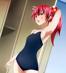 Rule 34 | 1girl, arm behind head, armpits, bad id, bad pixiv id, blue eyes, highres, lam (ramdayo), locker, long hair, one-piece swimsuit, open mouth, original, ponytail, red hair, school swimsuit, solo, swimsuit