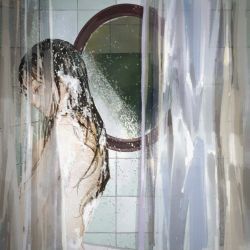 Rule 34 | 1girl, highres, indoors, mirror, nude, original, profile, shower (place), shower curtain, showering, soap bubbles, solo, tile wall, tiles, upper body, utsuwa0120, wet