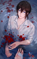 Rule 34 | 1boy, bai liu, bishounen, blue eyes, flower, highres, i became a god in a horror game, looking at another, partially underwater shot, pov, pov hands, red flower, red rose, rose, shirt, weibo 5639449057, wet, wet clothes, white shirt