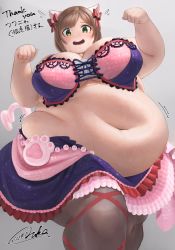 Rule 34 | 1girl, animal ears, arms up, artist name, bell, bra, breasts, brown hair, brown legwear, character request, cleavage, collar, copyright request, fake animal ears, fat, green eyes, grey background, highres, huge breasts, large breasts, looking at viewer, navel, oruka0827, oruka (kamituki0827), paw pose, short hair, skirt, solo, sweat, thick arms, thighs, underwear