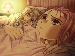 Rule 34 | 2girls, akira (kaned fools), bed, bedroom, blonde hair, blue eyes, brown eyes, brown hair, desk lamp, game cg, hair slicked back, heterochromia, indoors, lamp, long hair, long sleeves, looking up, lying, mary clarissa christie, multiple girls, on back, on bed, on side, open mouth, perspective, pillow, shikkoku no sharnoth, steampunk (liarsoft), under covers, upper body, viola baskerville, yellow eyes