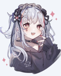 Rule 34 | 1girl, black bow, black choker, black sweater, blush, bow, choker, commentary request, drawstring, hair ornament, hairclip, hand up, heart, heart-shaped pupils, highres, hood, hood down, hooded sweater, indie virtual youtuber, kuromu (96-94), long hair, looking at viewer, messy hair, open mouth, red hair, red nails, sabita hagane, sharp teeth, sidelocks, simple background, sleeves past wrists, solo, sparkle, sweater, symbol-shaped pupils, teeth, upper body, virtual youtuber, white background, white hair, x hair ornament