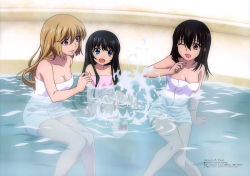 Rule 34 | 10s, 3girls, :d, ;d, absurdres, aged down, aiba asagi, barefoot, bathing, blonde hair, blue eyes, breasts, brown eyes, child, cleavage, collarbone, detexted, feet, highres, himeragi yukina, legs, long hair, medium breasts, minamiya natsuki, multiple girls, naked towel, non-web source, official art, one eye closed, open mouth, partially submerged, pink eyes, sitting, smile, splashing, strike the blood, third-party edit, topless, towel, water