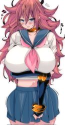 Rule 34 | 1girl, android 21, arm under breasts, blue eyes, blue sailor collar, blue skirt, bracelet, breasts, brown hair, collarbone, dragon ball, dragon ball fighterz, earrings, elbow gloves, female focus, gloves, gold bracelet, highres, holding, holding clothes, holding elbow, holding skirt, huge breasts, jewelry, kinakomochi (user vedc2333), long hair, looking at viewer, navel, parted lips, pink scarf, sailor collar, scarf, school uniform, serafuku, skirt, solo, sweatdrop, white background