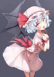 Rule 34 | 1girl, atage, bat wings, blue hair, blush, bow, dress, hat, hat bow, looking at viewer, mob cap, open mouth, red eyes, remilia scarlet, ribbon-trimmed sleeves, ribbon trim, simple background, solo, tongue, tongue out, touhou, wings, wrist cuffs