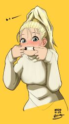 Rule 34 | 1girl, blonde hair, blue eyes, blush, breasts, chrono trigger, dated, finger in own mouth, hi-3, highres, long hair, looking at viewer, marle (chrono trigger), medium breasts, ponytail, simple background, solo, sweater, turtleneck, turtleneck sweater