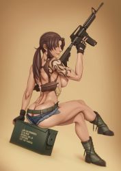 Rule 34 | 1girl, absurdres, ammunition box, ass, back, bad id, bad pixiv id, black lagoon, boots, breasts, brown eyes, brown hair, butt crack, cigarette, cross-laced footwear, full body, gun, handgun, highres, holster, john doe, lace-up boots, large breasts, long hair, looking back, machine gun, muscular, muscular female, nipples, ponytail, revy (black lagoon), short shorts, shorts, shoulder tattoo, sitting, solo, tattoo, toned, topless, v, weapon