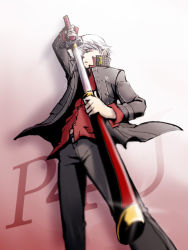 1boy alternate_eye_color atlus blouse copyright_name dress_shirt holding holding_sword holding_weapon jacket katana male_focus narukami_yuu persona persona_4 persona_4:_the_ultimate_in_mayonaka_arena red_eyes red_shirt school_uniform sheath shin_megami_tensei shirt silver_hair solo sword tokiwa_(mukoku) unsheathing weapon