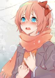 Rule 34 | 1girl, blush, bow, commentary, crying, crying with eyes open, doki doki literature club, english commentary, grey jacket, hair between eyes, hair bow, hand on own chest, highres, jacket, long sleeves, looking away, open clothes, open jacket, open mouth, pink hair, pink scarf, red bow, sayori (doki doki literature club), scarf, school uniform, short hair, solo, tears, upper body, xhunzei