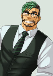 Rule 34 | 1boy, bara, black hair, collared shirt, ei (marutendon), facial hair, glasses, green hair, grin, highres, live a hero, looking at viewer, male focus, mature male, multicolored hair, muscular, muscular male, mustache stubble, necktie, shirt, short hair, smile, solo, stubble, tadakono okitaka (live a hero), tokyo houkago summoners, two-tone hair, upper body, vest