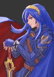 Rule 34 | 1girl, absurdres, aoyagi 0, armor, blue eyes, blue gloves, blue hair, cape, closed mouth, falchion (fire emblem), fingerless gloves, fire emblem, fire emblem awakening, from side, gloves, highres, long hair, long sleeves, looking at viewer, lucina (fire emblem), nintendo, shoulder armor, smile, solo, sword, tiara, upper body, weapon