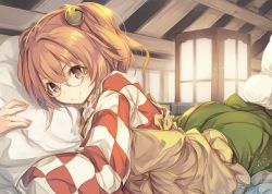 Rule 34 | 1girl, apron, bell, blush, brown eyes, brown hair, checkered clothes, checkered shirt, closed mouth, fal maro, forbidden scrollery, green skirt, hair bell, hair ornament, jingle bell, long sleeves, looking at viewer, lying, matching hair/eyes, motoori kosuzu, hugging object, on stomach, pillow, pillow hug, shirt, short hair, skirt, smile, solo, touhou, two side up, wide sleeves