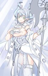 Rule 34 | 1girl, breasts, covering privates, covering breasts, demon girl, demon wings, detached collar, duel monster, earrings, female focus, grey eyes, grey hair, highres, holding, holding weapon, jewelry, large breasts, looking at viewer, lovely labrynth of the silver castle, low wings, nernnernneru, pointy ears, revealing clothes, short hair, tagme, topless, transparent wings, weapon, wings, yu-gi-oh!
