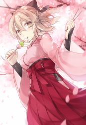 Rule 34 | 1girl, black bow, blonde hair, bow, cherry blossoms, dango, dutch angle, eating, fate/grand order, fate (series), floating hair, food, from below, hair between eyes, hair bow, hakama, hakama skirt, holding, holding stick, japanese clothes, kimono, okita souji (fate), okita souji (koha-ace), pink kimono, red hakama, shiao, short hair, skirt, solo, standing, stick, wagashi, yellow eyes