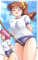 Rule 34 | breasts, brown hair, closed eyes, large breasts, nipples through clothes, pink hair, pussy juice, rope, small breasts, tanuki gakuen, tanuki yousuke, wince