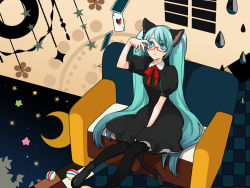 Rule 34 | 1girl, :&lt;, animal ears, aqua eyes, aqua hair, bad id, bad pixiv id, bespectacled, bitte, cat ears, cat tail, couch, dress, glasses, hatsune miku, long hair, pantyhose, sitting, solo, tail, twintails, very long hair, vocaloid