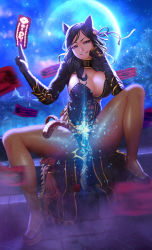 Rule 34 | 1girl, animal ears, backlighting, bell, between fingers, black footwear, black hair, blade &amp; soul, breasts, brown pantyhose, cat ears, cleavage, collar, dagger, dutch angle, fishnet pantyhose, fishnets, flower, full body, full moon, gauntlets, glowing, hair bell, hair ornament, hair ribbon, hand on own cheek, hand on own face, head tilt, high heels, highres, holding, jin (blade &amp; soul), jingle bell, knife, large breasts, lips, long hair, lucknight, mole, mole under eye, moon, moonlight, night, nightgown, ofuda, ofuda between fingers, outdoors, pantyhose, parted lips, pink lips, planted, red eyes, red flower, red rose, ribbon, rope, rose, sitting, smile, solo, spread legs, stairs, v-shaped eyebrows, weapon