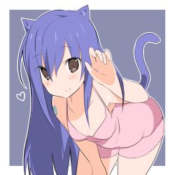 Rule 34 | 1girl, animal ears, bent over, blue hair, blush, breasts, brown eyes, cat ears, cat tail, fairy tail, heart, kemonomimi mode, leaning forward, long hair, looking at viewer, mikagelove, nightgown, paw pose, simple background, small breasts, smile, solo, standing, tail, tattoo, wendy marvell