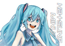 Rule 34 | 1girl, aqua necktie, bad id, bad pixiv id, blue eyes, blue hair, bokuya, character name, chromatic aberration, close-up, hatsune miku, highres, looking to the side, necktie, open mouth, smile, solo, vocaloid, white background