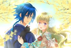Rule 34 | 1boy, 1girl, :d, animal, animal on shoulder, blonde hair, blue eyes, blue hair, blue kimono, blurry, blurry foreground, braid, braided ponytail, cat, cat on shoulder, code geass, code geass: boukoku no akito, couple, floating hair, floral print, flower, from behind, hair between eyes, hair flower, hair ornament, hetero, hyuuga akito, japanese clothes, kimono, komaichi, leila malcal, lens flare, long hair, looking at viewer, looking back, open mouth, ponytail, print kimono, purple eyes, smile, twitter username, upper body, very long hair, white flower, yellow flower, yukata