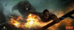 Rule 34 | 2boys, aircraft, animal, ape, battle, davepaget, explosion, fangs, fire, giant, giant monster, gorilla, helicopter, highres, holding, holding on, kaijuu, king kong, king kong (series), kong: skull island, legendary pictures, monster, monsterverse, movie poster, multiple boys, open mouth, oversized animal, roaring, sharp teeth, teeth