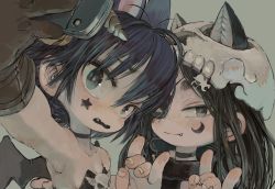 Rule 34 | 2girls, \n/, animal ears, armpits, bare shoulders, black choker, black hair, blush, bright pupils, brown gloves, cellphone, choker, closed mouth, ears through headwear, ebimomo, eyepatch, facial mark, fang, fang out, flat chest, fox shadow puppet, gloves, grey background, grey eyes, hair between eyes, hat, highres, holding, holding phone, looking at viewer, multiple girls, one eye covered, parted lips, phone, purple hair, selfie, simple background, smartphone, smile, wavy mouth, wings