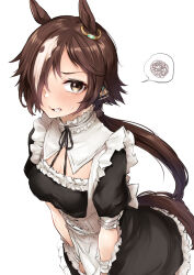 Rule 34 | 1girl, animal ears, apron, black dress, black ribbon, breasts, brown eyes, brown hair, cleavage, clenched teeth, commentary request, dodome (yprs2887), dress, frilled apron, frilled dress, frills, hair over one eye, highres, horse ears, horse girl, horse tail, low ponytail, medium breasts, multicolored hair, neck ribbon, ponytail, puffy short sleeves, puffy sleeves, ribbon, short sleeves, simple background, solo, spoken squiggle, squiggle, streaked hair, tail, teeth, umamusume, vodka (umamusume), waist apron, white apron, white background, white hair