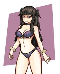 Rule 34 | 1girl, black hair, blush, bra, bracelet, breasts, choker, cleavage, collarbone, fire emblem, fire emblem awakening, jewelry, large breasts, long hair, looking at viewer, navel, nintendo, panties, purple background, purple bra, purple eyes, purple panties, rhajat (fire emblem), solo, twintails, two-tone background, underwear, white background