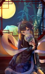 Rule 34 | 1girl, animal ears, bamboo, black hair, blue eyes, blunt bangs, center-flap bangs, chinese clothes, closed mouth, commentary, elun (elun 00), english commentary, flat chest, full body, gradient hair, hagoromo, hand fan, hanfu, highres, holding, holding fan, hololive, hololive english, indoors, long hair, looking at viewer, mole, mole under eye, moon gate, multicolored hair, ninomae ina&#039;nis, orange hair, paper fan, parted hair, pointy ears, purple hair, shawl, sidelocks, sitting, smile, solo, straight hair, tentacle hair, uchiwa, very long hair, virtual youtuber, window