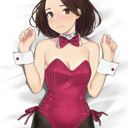 Rule 34 | 1girl, aikawa ren, animal ears, bare shoulders, bed sheet, black pantyhose, blush, bow, bowtie, breasts, cleavage, closed mouth, commentary request, dakimakura (medium), detached collar, from above, frown, head tilt, leotard, looking at viewer, lying, miru tights, nail polish, on back, pantyhose, parted lips, pink bow, pink bowtie, pink leotard, pink lips, pink nails, playboy bunny, rabbit girl, side-tie leotard, small breasts, solo, upper body, wrist cuffs, yomu (sgt epper)