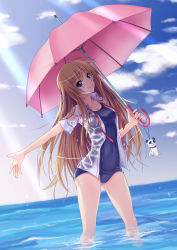 Rule 34 | 1girl, absurdres, blush, breasts, brown hair, cleavage, cloud, collarbone, day, dress shirt, green eyes, head tilt, highres, holding, long hair, looking at viewer, one-piece swimsuit, original, outstretched arm, school swimsuit, shirt, sky, small breasts, smile, solo, sunlight, swimsuit, swimsuit under clothes, testa421, umbrella, wading, water, wet, wet clothes, wet shirt