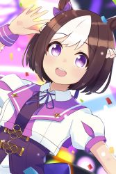 Rule 34 | 1girl, :d, animal ears, arm up, blurry, blurry background, blush, bow, braid, brown hair, collared shirt, commentary, confetti, dutch angle, ear bow, happy, highres, horse ears, ixia (ixia424), jacket, looking at viewer, multicolored hair, neck ribbon, open mouth, puffy short sleeves, puffy sleeves, purple bow, purple eyes, purple ribbon, purple vest, ribbon, shirt, short hair, short sleeves, smile, solo, special week (umamusume), teeth, two-tone hair, umamusume, upper body, upper teeth only, vest, waving, white hair, white jacket, white shirt, wristband