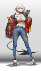 Rule 34 | 1girl, absurdres, behalter, blue eyes, breasts, cat, contrapposto, demon tail, ear piercing, earrings, full body, gloves, gluteal fold, gradient background, grey hair, highres, hip vent, jacket, jewelry, large breasts, looking at viewer, original, piercing, red eyes, sideboob, solo, tail, underboob
