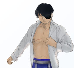 Rule 34 | 1boy, bare pectorals, black eyes, black hair, expressionless, closed eyes, fullmetal alchemist, long sleeves, male focus, navel, nipples, nore (boosuke), outstretched hand, pants, patch, pectorals, roy mustang, scar, short hair, simple background, solo, white background