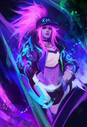 Rule 34 | 1girl, akali, asymmetrical clothes, baseball cap, black choker, bodypaint, choker, commentary, english commentary, hand on own hip, hat, high ponytail, jacket, jewelry, k/da (league of legends), k/da akali, league of legends, lips, long hair, looking at viewer, midriff, muju, necklace, nose, pants, parted lips, ponytail, purple hair, single pantsleg, solo, spray paint, ultraviolet light, yellow eyes