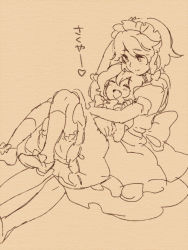 Rule 34 | 2girls, :d, ^ ^, apron, arm up, bloomers, bow, braid, clenched hand, closed eyes, closed mouth, dot nose, dress, closed eyes, footwear bow, frilled apron, frilled sleeves, frills, hair between eyes, hair bow, hair ornament, hand up, happy, headpat, heart, hug, hug from behind, izayoi sakuya, kneehighs, knees up, looking at another, lying, lying on person, maid headdress, meeko, monochrome, multiple girls, nose, on back, open mouth, puffy sleeves, remilia scarlet, sepia background, shoes, short hair, side braid, sitting, smile, socks, touhou, underwear, |d